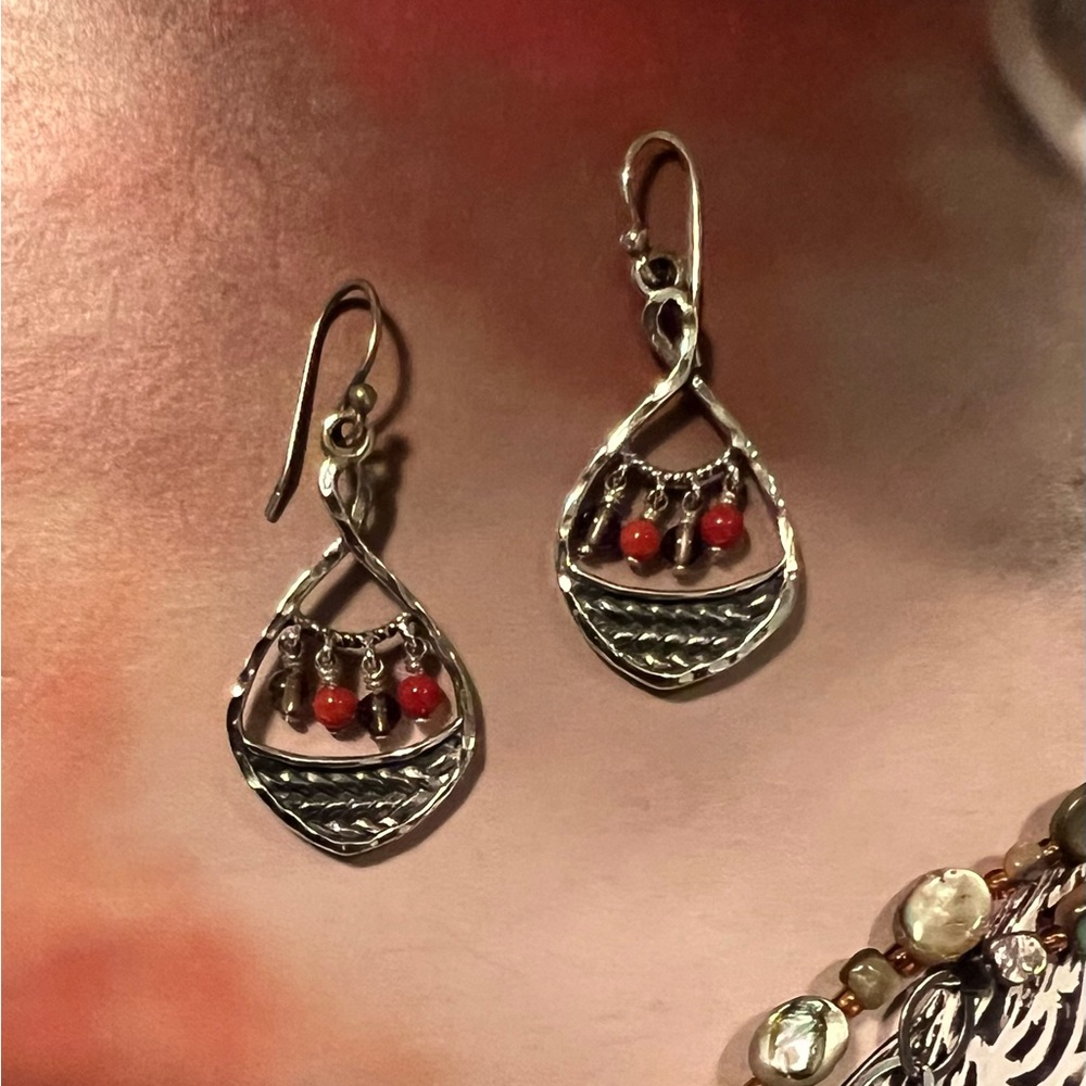 Silpada Sterling Silver Coral & Smoky Quartz  Cha Cha Earrings.  W2220